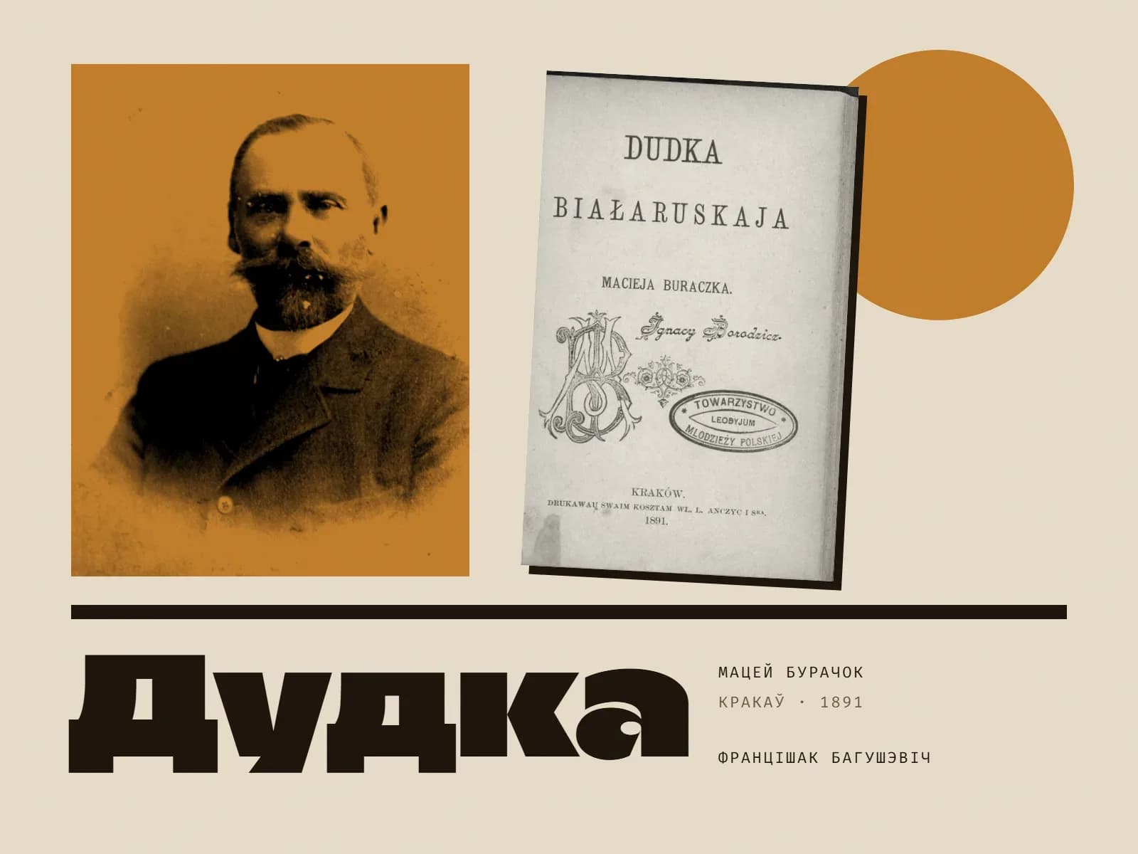 Калаж у колеры вохры: партрэт Францішка Багушэвіча 1898 года ў дуатоне на высокай плоскасці; побач, крыху нахілены, тытульны ліст першага выдання «Dudka białaruskaja Macieja Buraczka», Kraków 1891; вохрысты круг, чорная планка і вялікі надпіс «Дудка», ніжэй подпіс «Мацей Бурачок · Кракаў · 1891».