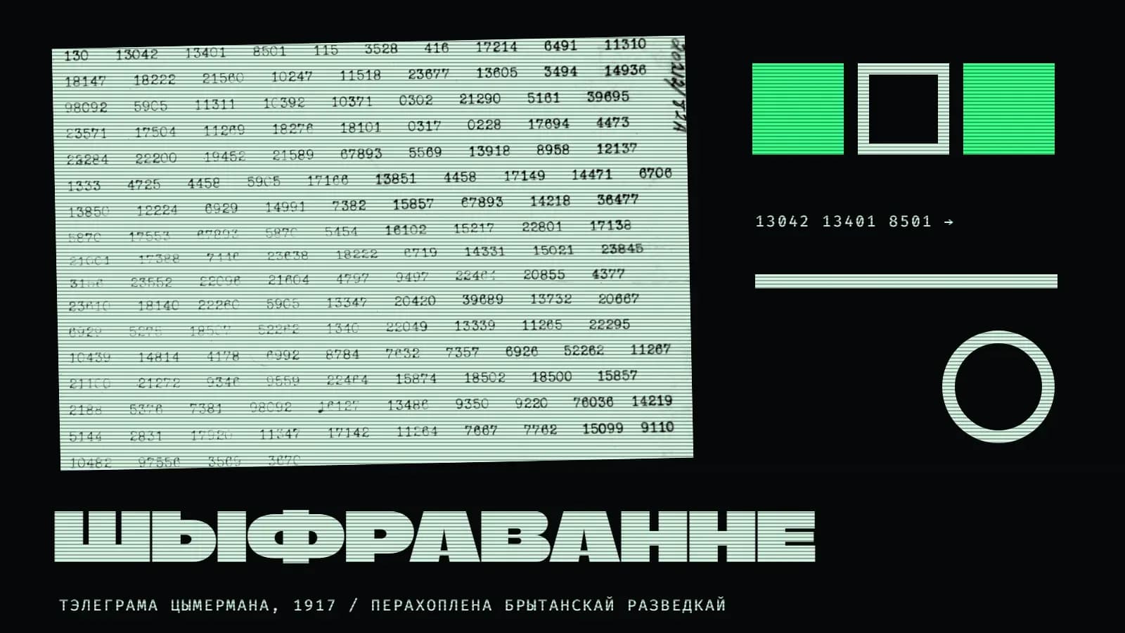 Калаж на амаль чорным фоне з гарызантальнымі лініямі: злева, трохі нахілены, светлы ліст з радамі пяцізначных лікаў, надрукаваных на машынцы, — шыфраваная тэлеграма; справа — рад з трох квадратаў: зялёны, светлы контур, зялёны, подпіс «13042 13401 8501 →», светлая паласа і светлы контур круга; унізе вялікі светлы надпіс «Шыфраванне» і подпіс «Тэлеграма Цымермана, 1917 / перахоплена брытанскай разведкай».