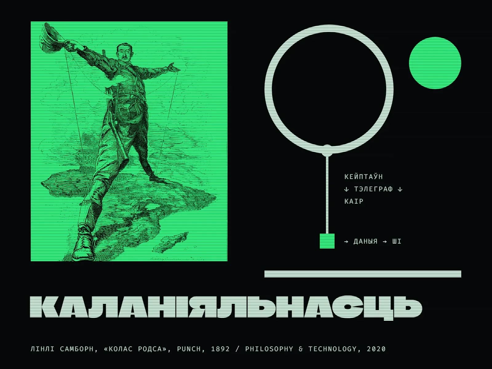 Калаж на амаль чорным фоне з гарызантальнымі лініямі, як на экране старога тэрмінала. Злева на ярка-зялёным прамавугольніку — карыкатура з часопіса Punch: велізарны Сесіл Родс у брыджах і ботах стаіць, шырока расставіўшы ногі, на карце Афрыкі — адна нага на поўдні, другая на поўначы, — у руках у яго тэлеграфны провад, што цягнецца праз увесь кантынент. Справа — вялікі светлы контур круга, зялёны круг і тонкая светлая вертыкальная лінія, якая звісае з круга, як провад, і заканчваецца зялёным квадрацікам. Побач надпісы «Кейптаўн, ↓ тэлеграф ↓, Каір» і «→ даныя → ШІ», ніжэй — шырокая светлая паласа. Унізе вялікі светлы надпіс «Каланіяльнасць».