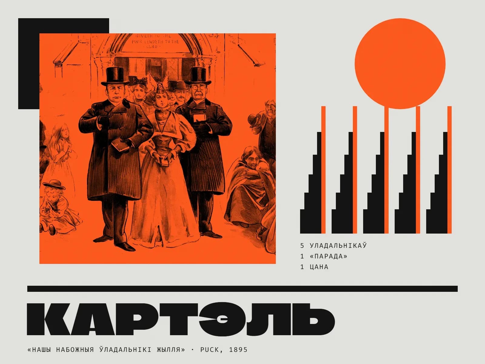 Калаж у аранжавых колерах: злева старая карыкатура ў аранжавым дуатоне — два таўстыя домаўладальнікі ў цыліндрах і доўгіх паліто з малітоўнікамі ў руках і дама ў пышнай сукенцы выходзяць з царквы, а па баках на снезе скурчыліся бедныя арандатары з дзецьмі; за карыкатурай чорны квадрат. Справа аранжавы круг і пяць аднолькавых чорных лесвічак-слупкоў, што крок у крок падымаюцца ўгору, кожная завяршаецца аранжавай планкай, і подпіс «5 уладальнікаў, 1 „парада“, 1 цана». Унізе чорная планка, вялікі надпіс «Картэль» і радок «„Нашы набожныя ўладальнікі жылля“ · Puck, 1895».